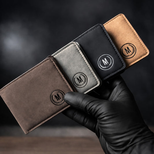 Premium Men's Leather Wallet – M Logo | 6 Card Slots | 2 Cash Pockets | 2 SIM Slots | Elegant Flap Design | 4 Colors